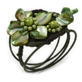 Avalaya Olive/Green Shell Bead Flower Wired Flex Bracelet - Adjustable