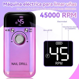 Pulidor de Uñas Profesional 45000 RPM,Taladro para Uñas Eléctrico (Morado) Herramienta Versátil de manicura eléctrica de gel acrílico, 7 cabezales de pulido, 6 bandas de lijado y 2 limas de uñas
