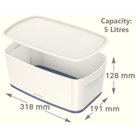Leitz Small MyBox with Lid, Storage Box for Home and Office, High Gloss Plastic, 5 Litre, A5, White/Grey
