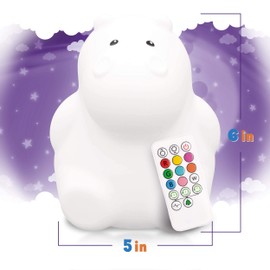 LumiPet Hippo Kids Night Light, Huggable Nursery Light for Baby and Toddler, Silicone LED Lamp, Remote Operated, USB Rechargeable Battery, 9 Available Colors, Timer Auto Shutoff