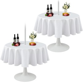 Juexica 2 Pack 60 Inch Round Outdoor Tablecloth with Umbrella Hole and Zipper White Washable Waterproof Wrinkle Free Table Cloth Summer Polyester Fabric Table Cover for Picnic, Party, Patio, BBQ
