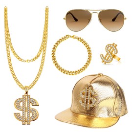 JurciCat 80s 90s outfit men's carnival accessories costume hip hop cap golden dollar chain ring sunglasses 5 piece set