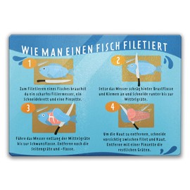 How to fillet a fish glass chopping board with instructions (English language not guaranteed), a colourful cooking board for the kitchen, fish fillet motif, instructions for filleting, kitchen board,