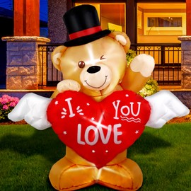 AerWo 4 FT Valentines Day Inflatable Bear with Love Heart, Lighted Valentines Inflatables Teddy Bear Blow Up Yard Outdoor Garden Home Party Wedding Decor, Romantic Sweet Valentines Gift