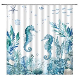 Coastal Seahorse Shower Curtain Nautical Fish Coral Seashell Starfish Beach Underwater Bathroom Decor Curtain with Hooks,70" W x 70" L