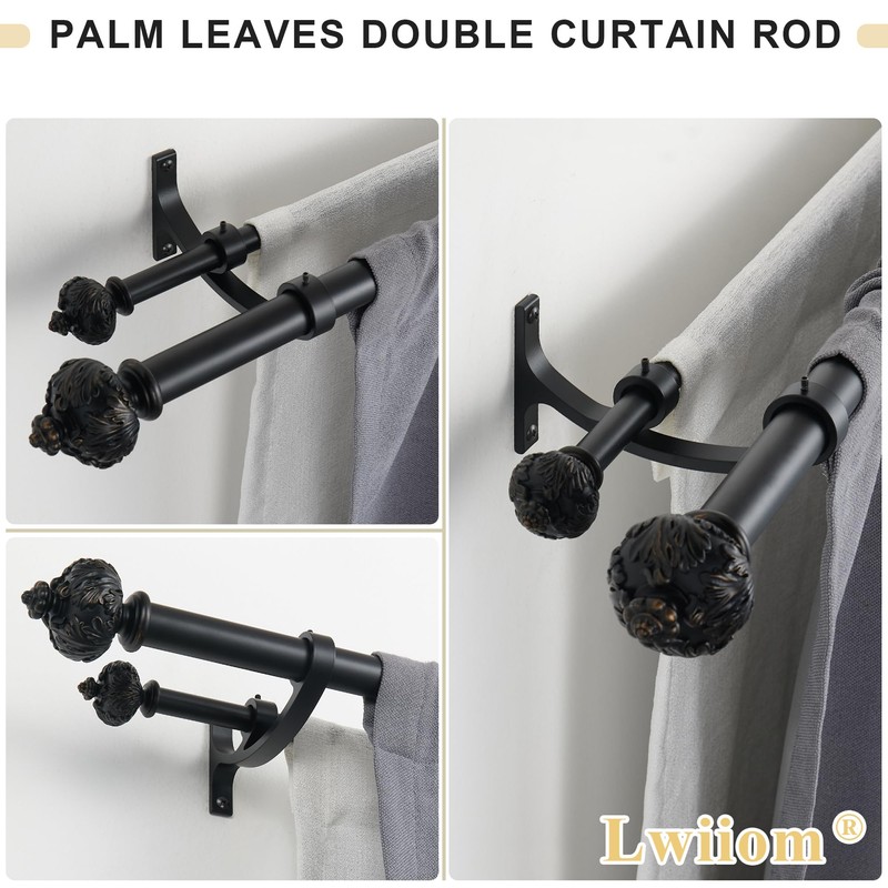 Lwiiom Heavy Duty Double Curtain Rod with Palm Leaves Finials