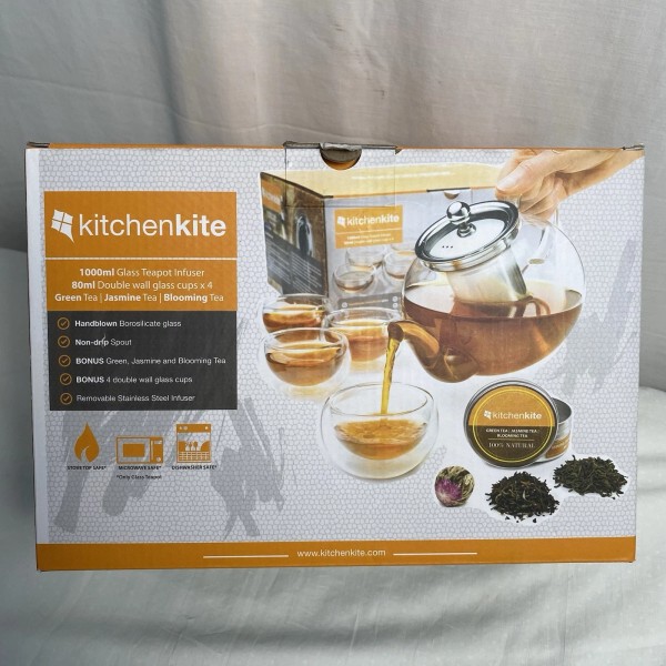 Kitchenkite 1000ml Glass Teapot Infuser with 4 Double Wall Glass