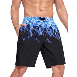 SILKWORLD Mens Swim Trunks Quick Dry 9 Inch Bathing Suit Blue Fire Beach Shorts Mesh Lining Swimming Trunks for Men Swim Shorts with Pockets L