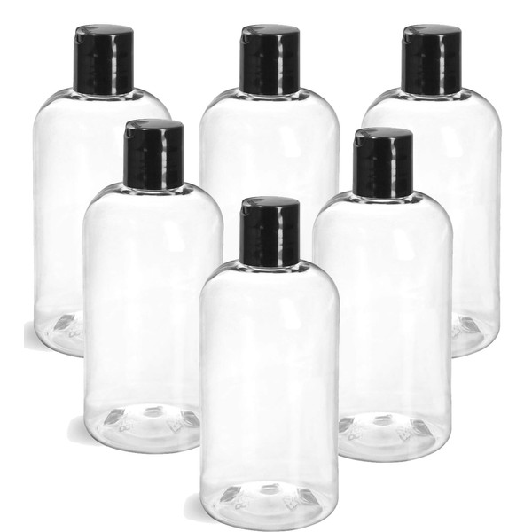 Grand Parfums Empty 8 Oz CLEAR Plastic Disc Cap Dispensing Bottles, for Gel, Shampoo Hand Soap, Conditioner. Foods 240ml Vanity Kitchen Containers w/Black Color Disc Caps PET Boston Round Shape