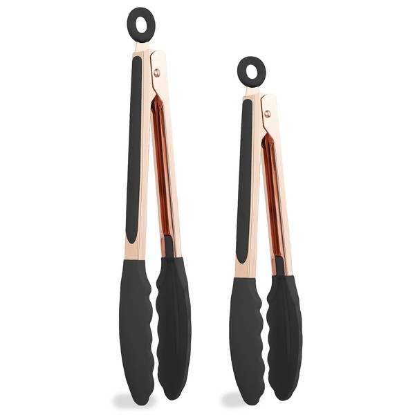 COOK WITH COLOR Stainless Steel Silicone Tipped Kitchen Food BBQ and Cooking Tongs Set of Two 9” and 12” for Non Stick Cookware, BPA Fee, Stylish, Sturdy, Locking, Grill Tongs, Rose Gold and White