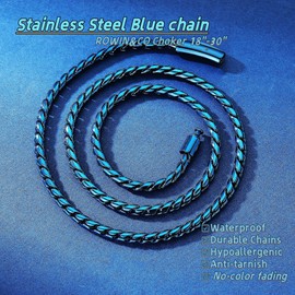 ROWIN&CO Twisted Rope Curb Cuban Chain 6mm Stainless Steel Necklace, Silver/Black/Blue Chain for Men Women Choker Jewelry Miami Link Hip hop Gifts 16"-30"