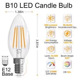 GvvooHome E12 Candelabra Bulb 40 watt, E12 LED Bulb Dimmable Chandelier Light Bulbs, B10 Candle Light Bulbs 2700K Soft White, 90+CRI, 400LM, Cear Glass, 12 Pack