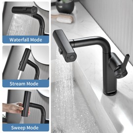 INAGE Matte Black Bathroom Sink Faucet with Pull Down Sprayer 3-Function Mode Bathroom Faucets for Sink 180 Degree Swivel Faucet Basin Faucet Vanity Faucet with Rotate Waterfall Spray Function-KNF807B