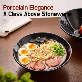 BICETTO Premium Porcelain Ramen Bowl Set 45oz, 8inch - Durable & Stylish - Perfect for Ramen, Pho, Soup, Salad, and Noodles - Microwave & Dishwasher Safe - Elegant, Lightweight (Ebony Grace, 8 inch)
