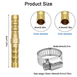 Brass Hose Barb Fittings Repair Kit, 2 Pcs 1/4"(6mm) Brass Barb Splicer Mender Hose Fitting with 4 Pcs Stainless Steel Pipe Clamps for Water/Fuel/Air, Fuel Line Connector Fittings
