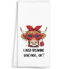 WAITPI Highland Cow I Just Freaking Love Moo OK Valentines Kitchen Towels, Funny Gifts Hand Towels for Cow Lovers Valentine's Day Bathroom, Trendy Decorative Hand Dish Towels for Kitchen Decor 16x24in