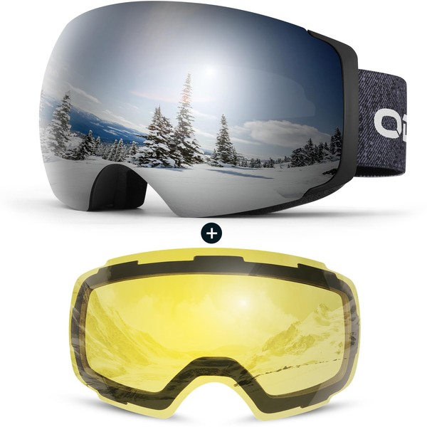 Odoland ski goggles for men and women, boys, frameless snowboard goggles with magnetic interchangeable lens, UV protection, helmet compatible wearers for snowboarding, skiing