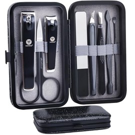 HANTEKAS - Juego de 8 piezas de cortaúñas de acero inoxidable, cortaúñas de uñas de los pies, cortadores de uñas con estuche de cuero para el hogar, trabajo, al aire libre, viajes, salón, regalo para hombres, mujeres, familiares y amigos