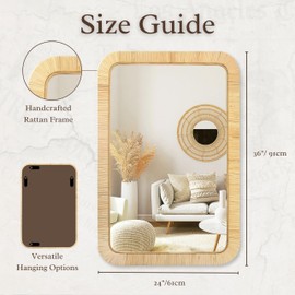 PERFNIQUE Rattan Mirror, 36'' x 24" Rectangle Boho Bathroom Mirror, Decorative Wall Nursery Decor, Rustic Farmhouse Handmade Wicker Mirror for Bathroom Bedroom Entryway Living Room Decor