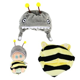 BOXOB Honeybee Style Doll Clothes, Adorable Costume Outfit Set for 15cm Sitting & 17cm Standing Plush Doll Accessories Including Shark Bee Hat and Yellow Black Strip Clothes