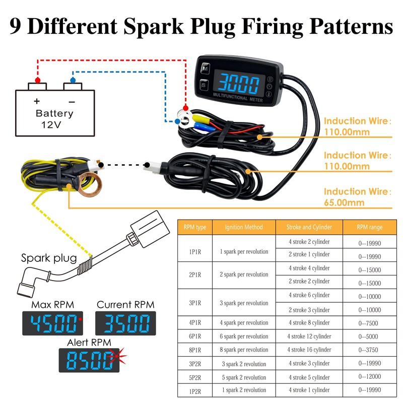 NInE-ROnG Digital Hour Meter Tachometer Temperature Meter Gauge Engine Maintenance