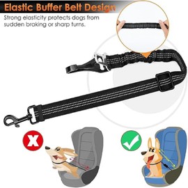 2 Pack Dog Seat Belt Adjustable Dog Car Seatbelts for Vehicle Nylon Pet Safety Seat Belt with Elastic Bungee Buffer Reflective & Durable Car Harness for Dogs (Black + Black)