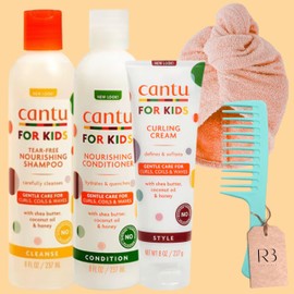Kids Curly Hair Products Bundle with Cantu Curling Cream 227g and Cantu Care for Kids Curly Hair Shampoo and Conditioner 237ml x 2 with Rab Gifts Wide Tooth Comb and Microfibre Hair Wrap