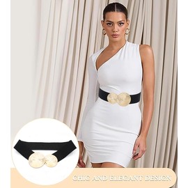 Initlove Wide Stretchy Waist Belt for Women Elastic Waistband for Dresse, Black Band Gold Buckle, Fat Waist 30"-32"