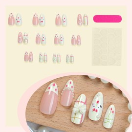 French Tip Press on Nails Medium Long Fake Nails Cute Kitten Almond Nail Tips Reusable Strawberry Acrylic Nails Press on with Rhinestones Design White Bow False Nails for Women Manicure Decorations