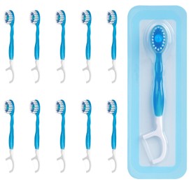 Disposable Mini Travel Toothbrushes, 5-in-1 Pre-Pasted Mini-Brush+Floss+Pick+Tongue Scraper, Prepasted On The Go Toothbrush for Travel, Portable Toothbrush with Freshening Bead, Coolmint, 10 Count