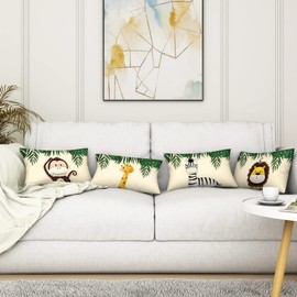 Aoihrraan 12 x 20 Inch Cute Cartoon Animal Cushion Covers Forest Monkey Giraffe Floral Plant Beige Soft Short Plush Square Baby Throw Pillow Cover Children'S Party Kid Sofa Bed Car, 30x50cm Set of 4
