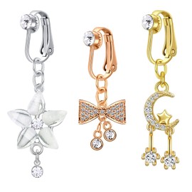 JFORYOU Fake Belly Ring Clip on Belly Button Rings Fake Belly Piercing with Flower Bow and Rose