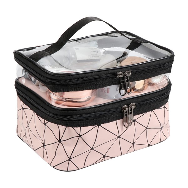 Toiletry Bag Double Layer Cosmetic Bag Transparent Large Travel Makeup Bag Organiser Wash Bag Case Organiser for Women and Girls, pink