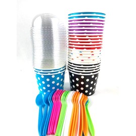 Worlds Paper Ice Cream Cups With Dome Lids No Hole and Plastic Spoons,Polka Dot 16OZ Mix 25 Set