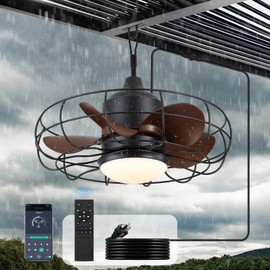 jazimar Outdoor Ceiling Fan with Lights: 20-Inch Waterproof Plug-In Caged Hanging Fan, App/Remote Control, 3CCT, 6-Speed Reversible DC Motor, for Porch Patios Canopy