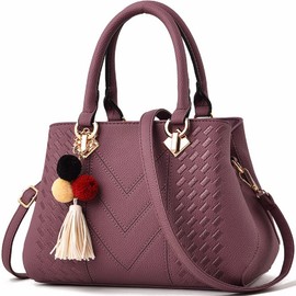 YOUNXSL - Bolsos de piel para mujer, con asa superior, bolsa de hombro para mujer, con pompón y borla, Púrpura, Talla unica