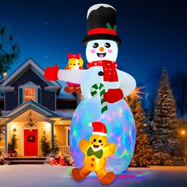 OurWarm 14FT Christmas Inflatable Snowman Christmas Decorations, Giant Christmas inflatables Snowman Decor with 2 Gingerbread Man, Christmas Blow Ups Built-in Color Lights for Outdoor Christmas Decor