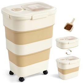 ZOMISIA 40-50lbs Dog Food Storage Container, Large Capacity Collapsible Airtight Pet Food Storage Containers with Rolling Wheels, Transparent Lid, Scoop and Date Track, Khaki