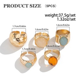 FloralGrace 5 Piece Gold Rings for Women Timeless Chunky Gemstone Rings Adjustable Stackable Statement Rings Gold Rings for Women Trendy Chunky Gold Jewellery
