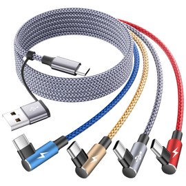 USB C Splitter Multi Charging Cable, Right Angle USB A/C to USB C Cable,4 in 2 Multiple Nylon Braided Car Charger Cord with 4 Type-C Connectors Compatible with IP 17 16 Pro Max/Tablets-1Pack 5Ft.