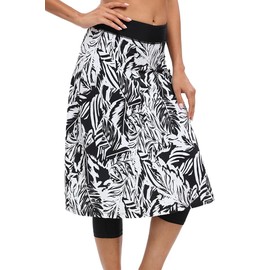 Micosuza Long Swim Skirt with Attached Leggings Modest Sun Protection Sports Skirt for Women Black-Leaves
