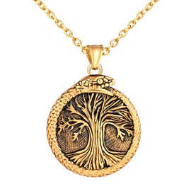 INFINIONLY Mens Womens Tree of Life Medallion Necklace: Vintage Stainless Steel Gold Tree Pendant Coins with Snake for Teenagers - Creative Carving Floral Necklaces with 55cm Chain
