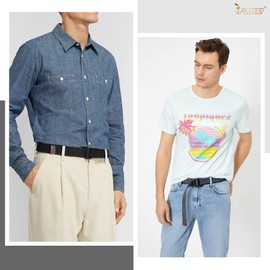 JasGood Men's Canvas Belt, Woven Casual Belt, 3.8 cm Wide, Style 02A-Black+Blue(Greyish)