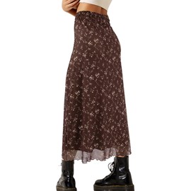 Avanova Women Floral Midi Skirt Boho Fall Summer Mesh High Waisted Maxi Long Skirts Floral Dark Brown Small