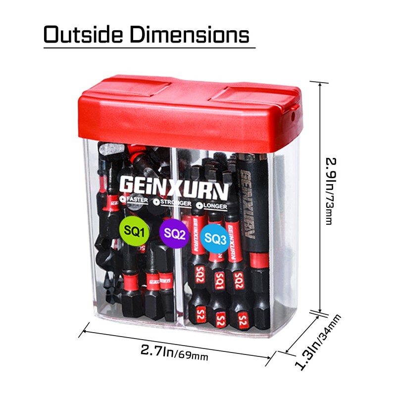 Geinxurn Impact Square Screwdriver Bits Set,43 Pcs Magnetic (SQ1/SQ2/SQ3) S2