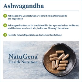 NatuGena Ashwagandha / KSM66 with 30 mg Withanolides per Daily Dose / Highest Raw Material Quality Made in Germany / 60 Capsules / for 2 Months
