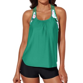 Aleumdr Women's Athletic Two-Piece Swimsuits Bathing Suits Swimming Wear Sports Top with Capris/Boyshorts for Women Kd Green X-Large
