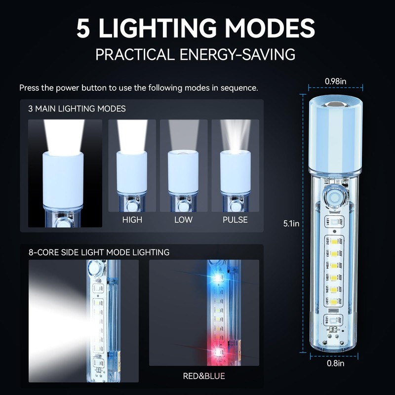 VAVOFO Blue LED Tactical Flashlight - USB-C Rechargeable, High Lumen,