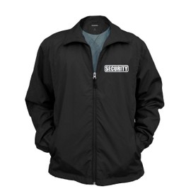Security Zipped up Windbreaker in Black with White/Reflective Decorations Front and Back