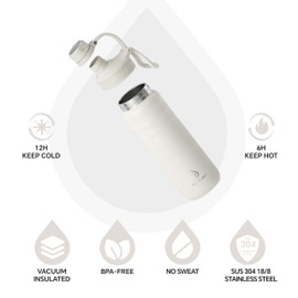 IDEUS Insulated Stainless Steel Water Bottle with 2 Leak-Proof Lids, Thermal Water Flask for Hiking Biking, 24oz, White